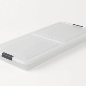 Slim Plastic Underbed Storage Container with Dual Hinged Lid for Easy Access in Tight Bedroom Spaces