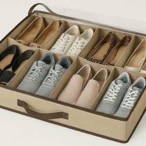 Breathable Underbed Shoe Organizer with Adjustable Dividers for 12 Pairs of Shoes and Clear Dust Cover