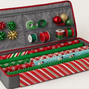 Underbed Wrapping Paper Storage Box with Interior Pockets for Ribbons Tape and Christmas Holiday Decorations