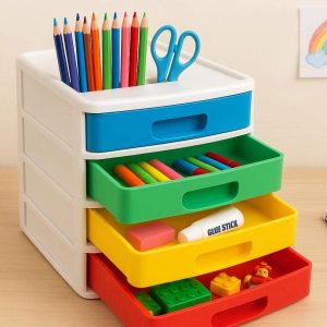 Multi Layer Desktop Storage Chest with Color Coded Drawers for Kids School Supplies and Toy Organization